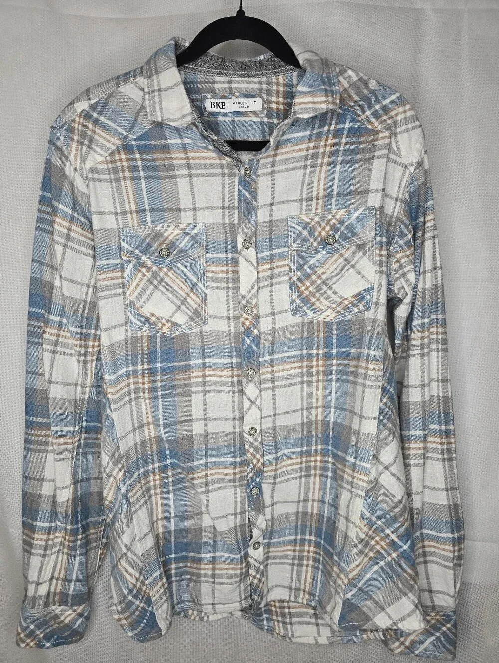 BKE Plaid Button-up Shirt Blue Gray Flannel Cotton Athletic Fit Western L